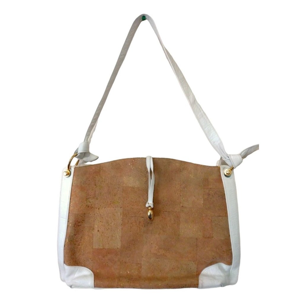 Lisette New York Vintage White Leather Beige Cork Gold Fleck Large Purse Big Bag